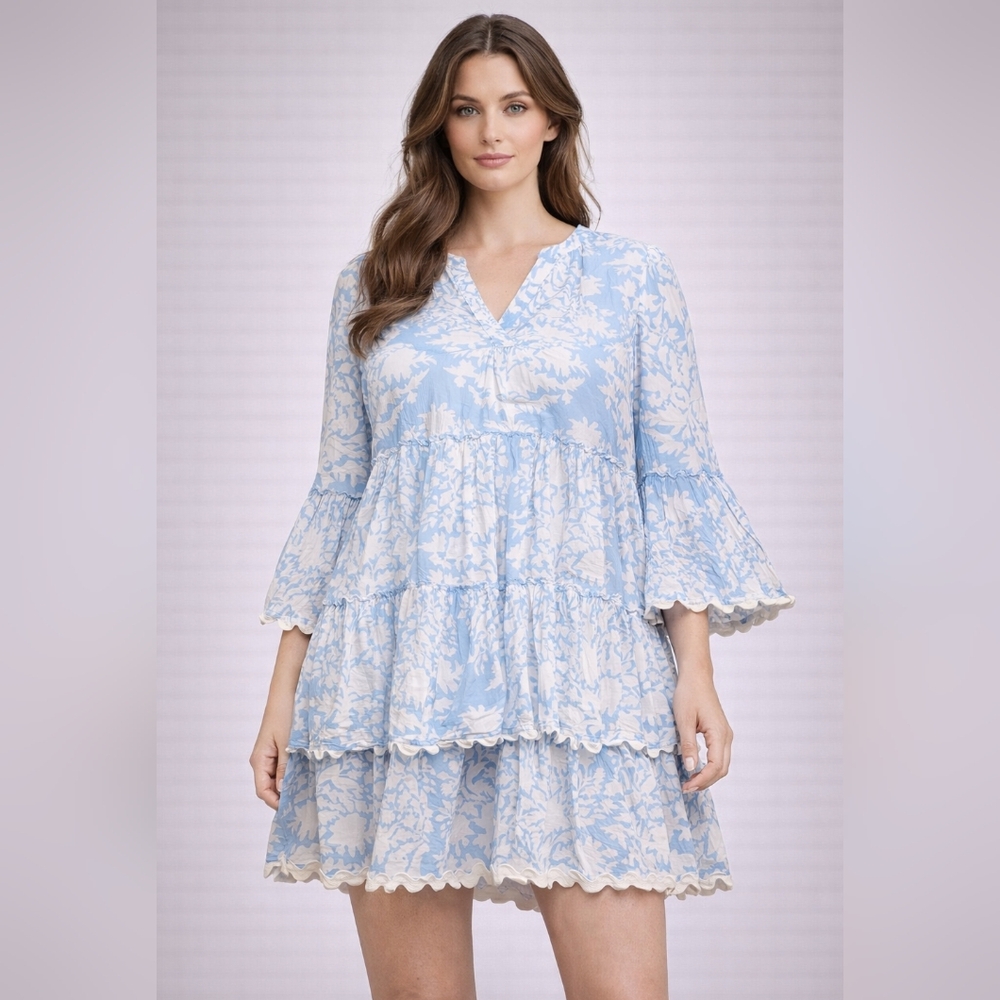 Juliet Dunn London Blue White Cotton Boho Tiered Dress Bell Sleeve Size 3
